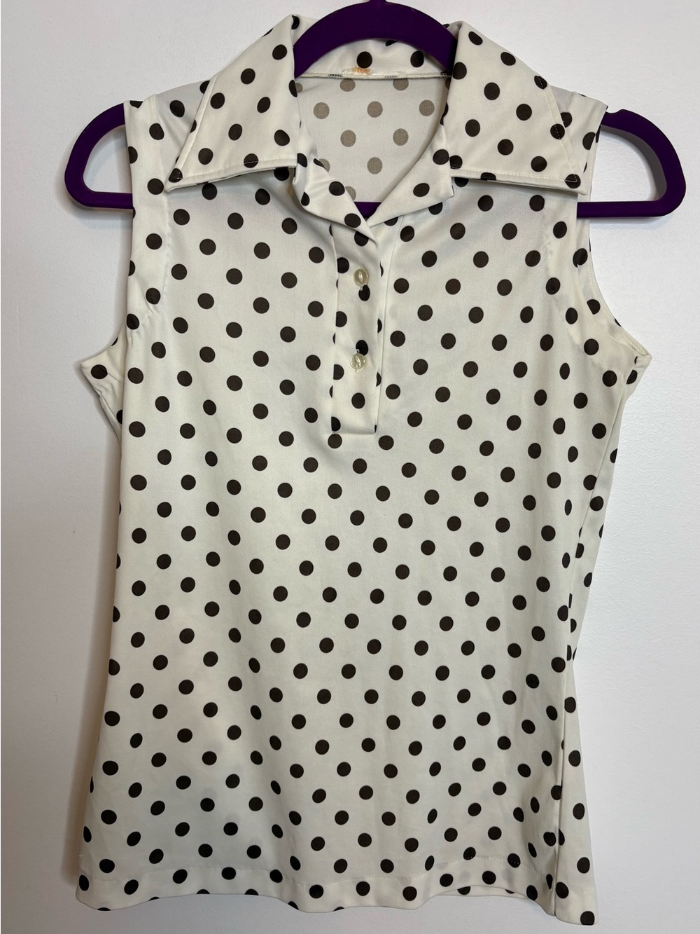 Vintage Sleeveless Polka Dot Polo Top - White with Brown Dots Women Size S-M
